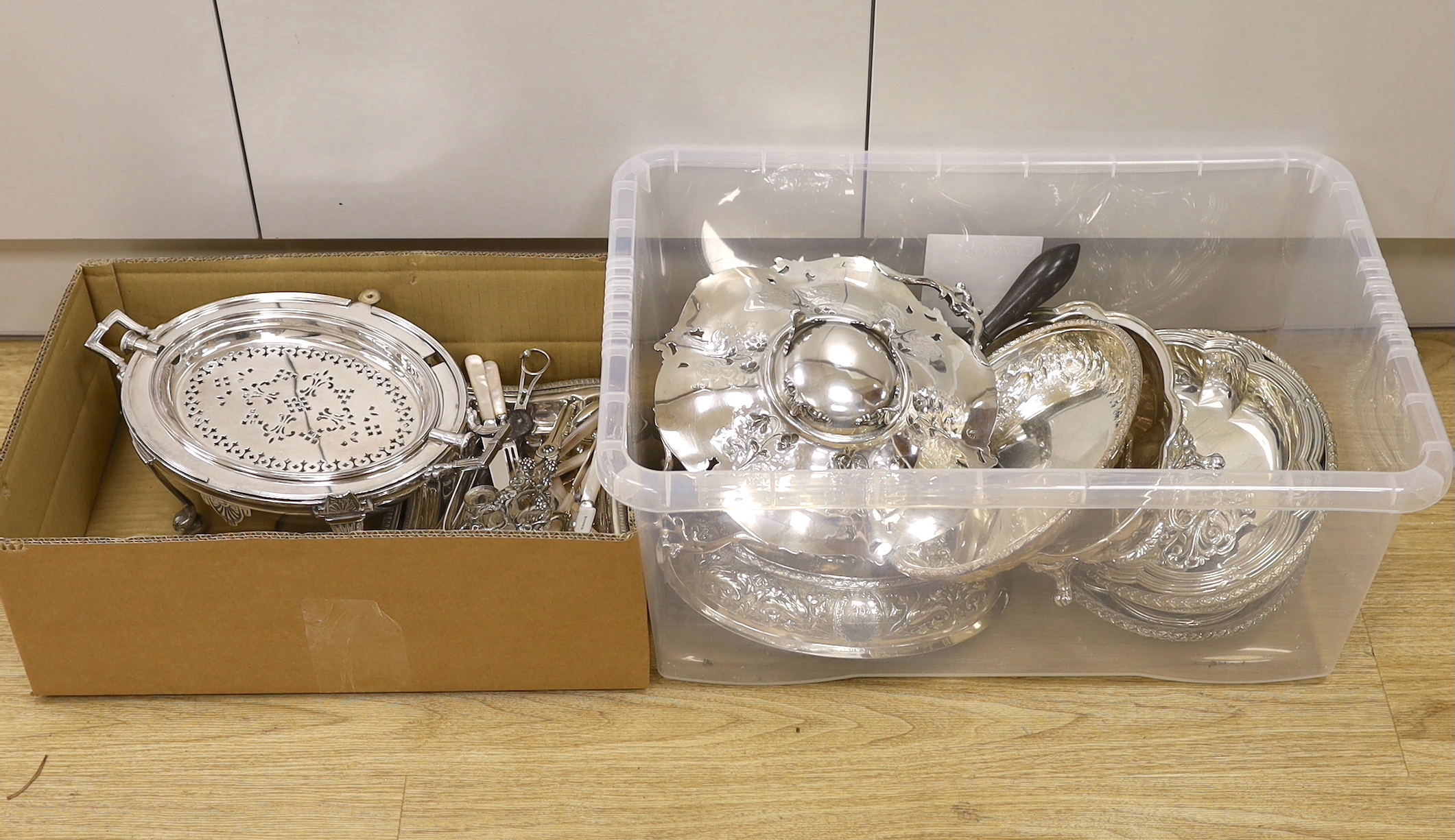A quantity of plated tureens, serving dishes, a revolving breakfast dish, assorted cutlery, grape scissors etc (2 boxes)